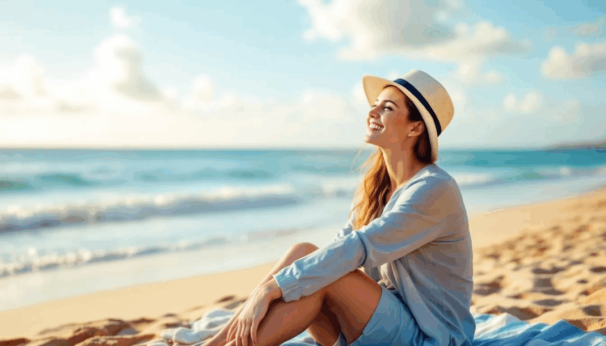 Eine entspannte Person sitzt am Strand während ihres Urlaubs und genießt den Blick aufs weite Meer. Die Szenerie strahlt Ruhe aus und erinnert an die bevorstehenden Feiertage in Österreich, wie Christi Himmelfahrt und Mariä Himmelfahrt.