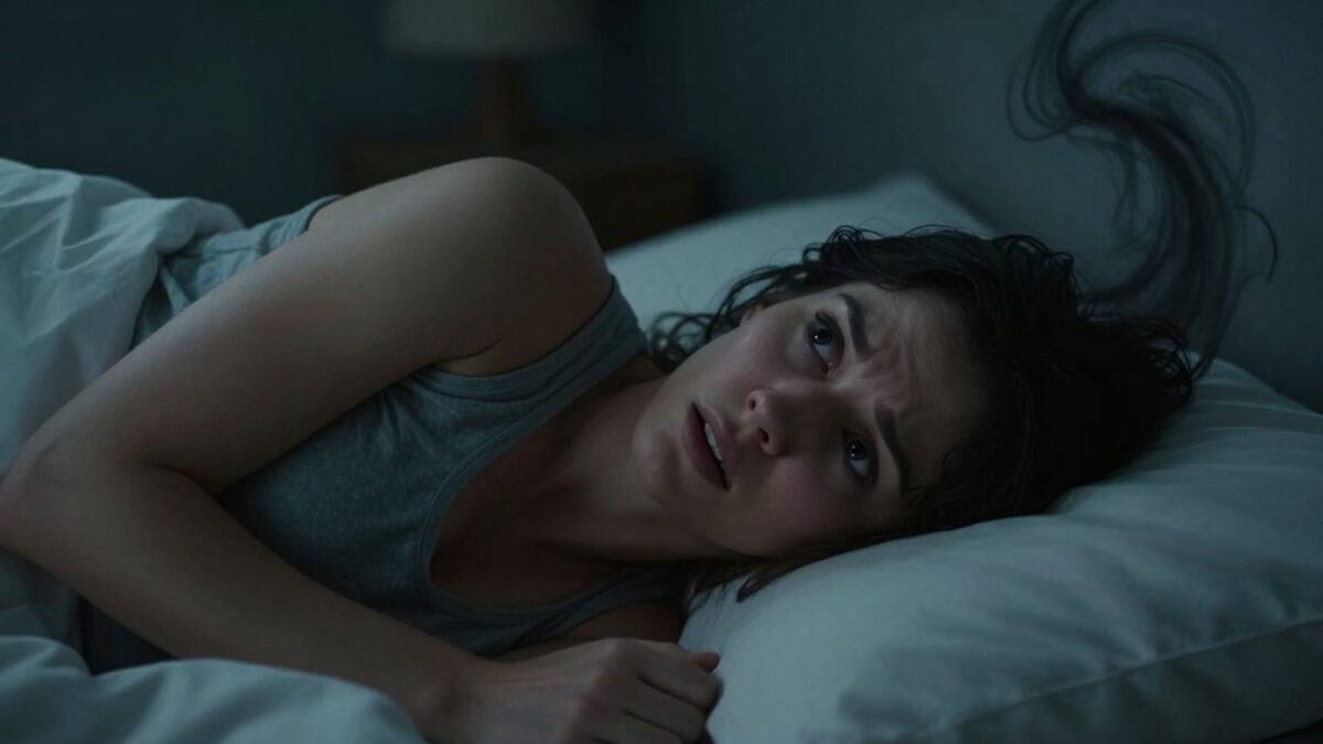 Schwangere Frau hat einen Albtraum im Bett