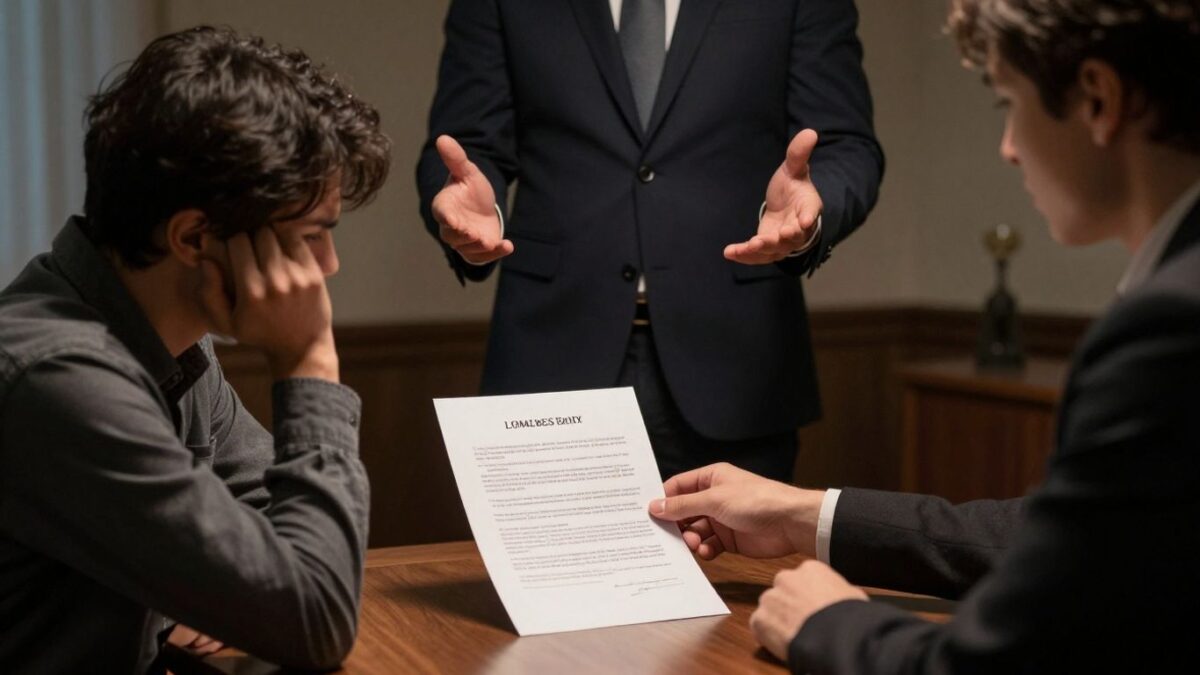 Verwirrte Person mit Dokument vor Gericht.