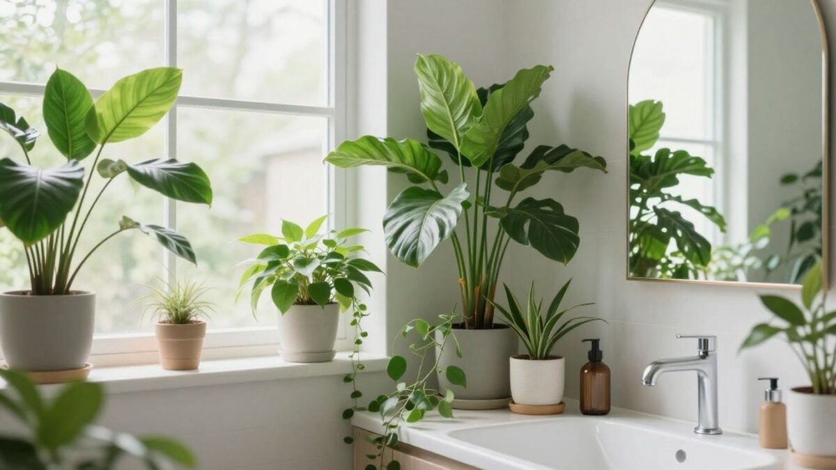 Badezimmer mit grünen Pflanzen bei wenig Licht