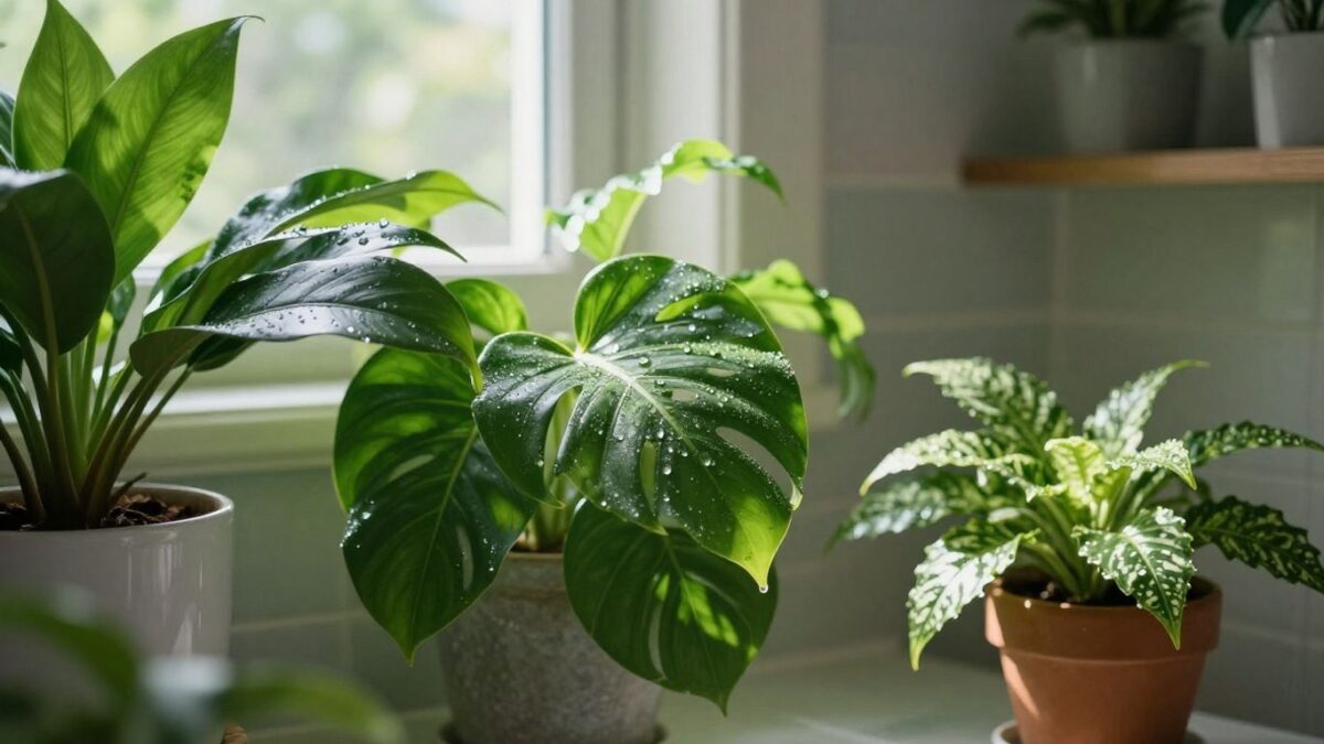 Badezimmer mit vielen grünen Pflanzen bei wenig Licht.