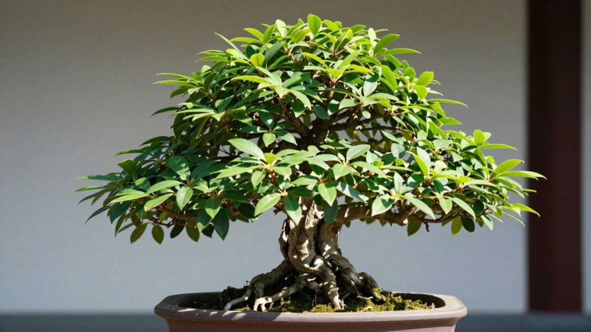 Prachtvoller Bonsai-Baum in einem Keramiktopf mit grünen Blättern.