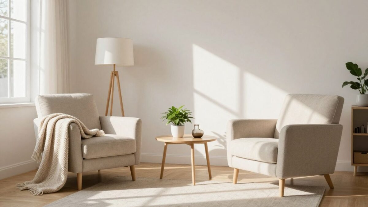 Gemütliches Wohnzimmer mit stilvollen Extras für die erste Wohnung.