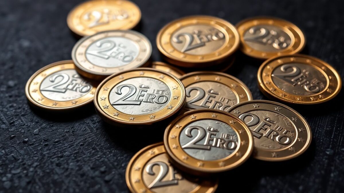 Glänzende 2 Euro Münzen auf dunklem Untergrund.