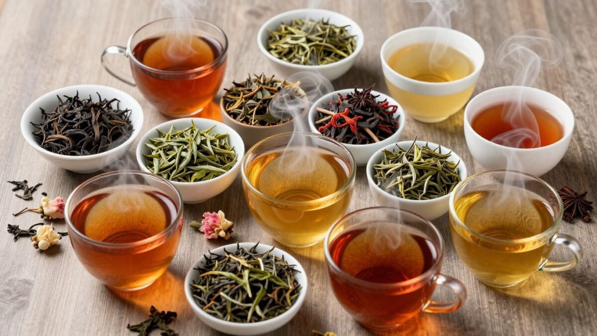 Verschiedene Teesorten in Tassen und lose Teeblätter.