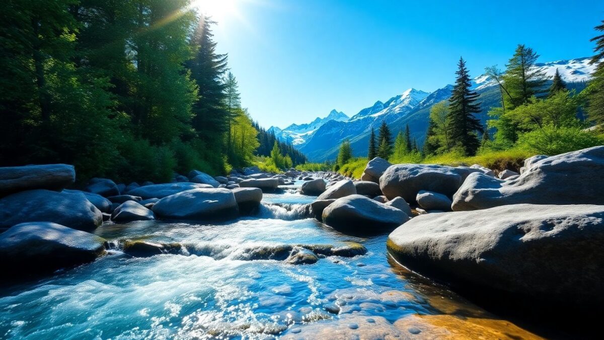 Klares Wasser fließt über Steine in den Bergen.