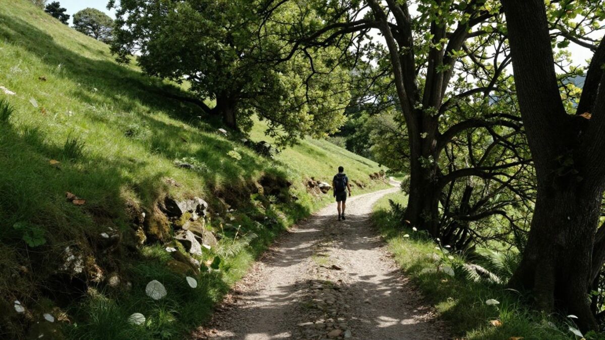 Wanderer auf einem Weg durch grüne Hügel