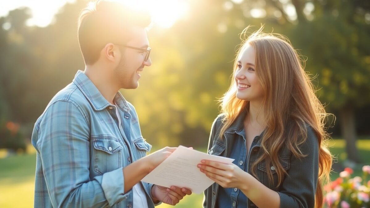 Zwei Freunde teilen ein Gedicht im Freien.