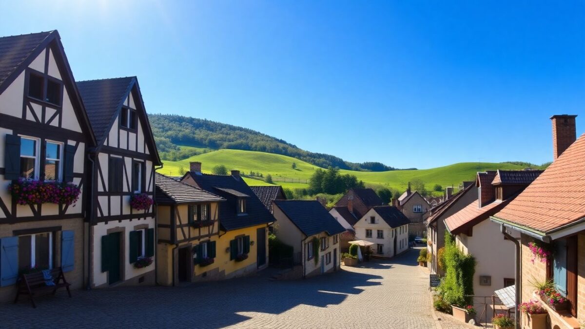 Münsterland Dorf mit Fachwerkhäusern und grünen Hügeln.