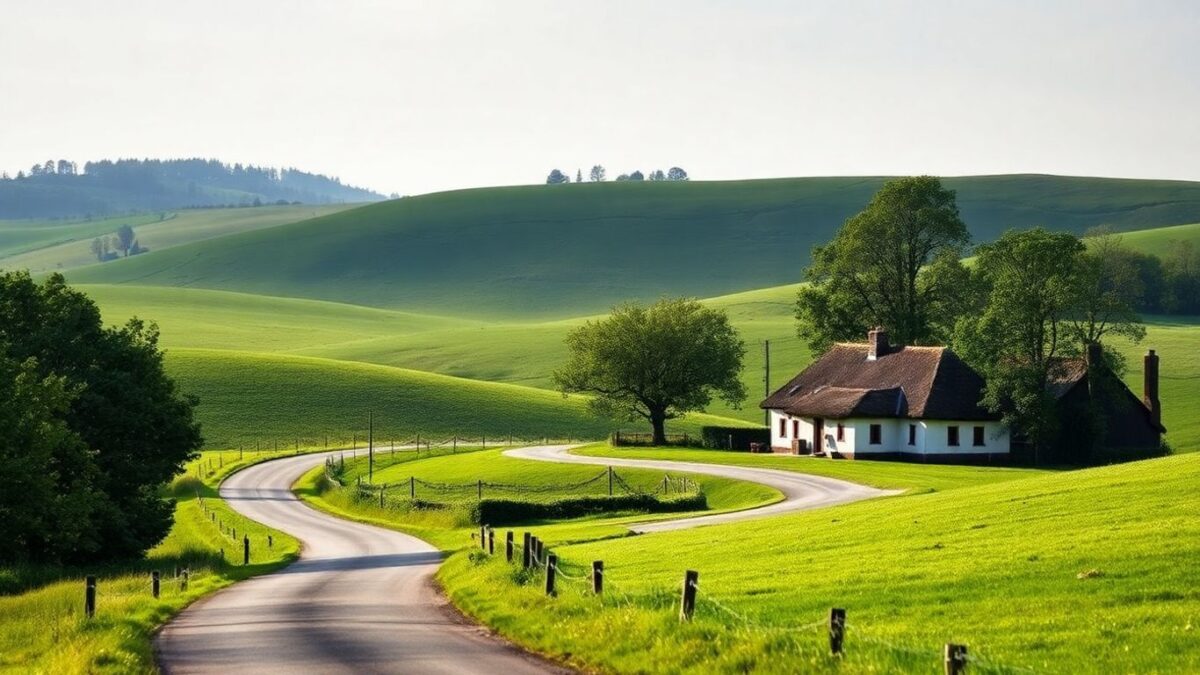 Versteckte Landschaft im Münsterland mit Hügeln und Bauernhaus.
