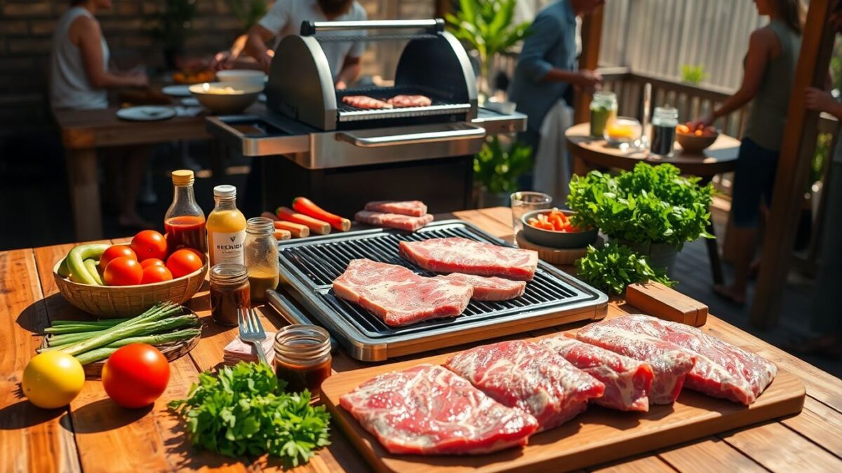 Grillausrüstung und frische Zutaten für Anfänger auf Holztisch