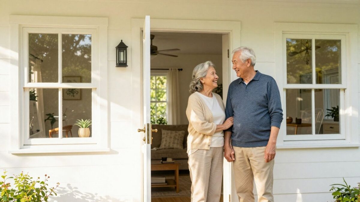 Älteres Paar vor seinem Haus, glücklich und zufrieden.