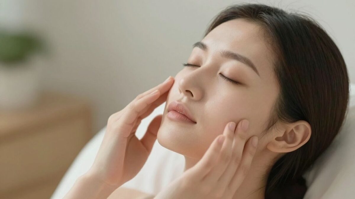 Entspannter Kiefer mit geschlossenen Augen und sanfter Berührung.