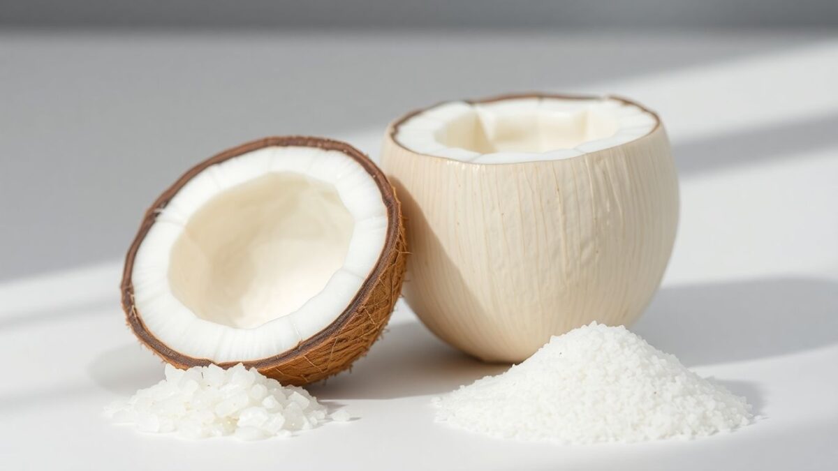 Kokosöl und Kokosnuss auf hellem Hintergrund.