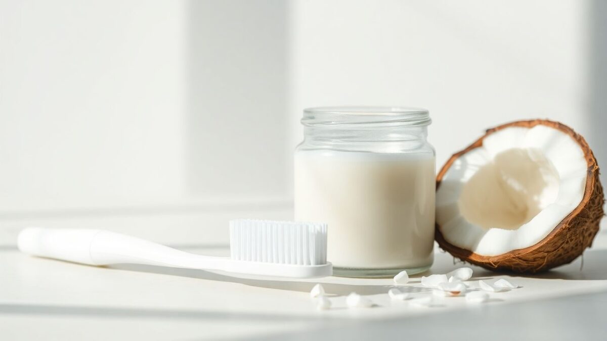 Kokosöl und Zahnbürste für gesunde Zähne.