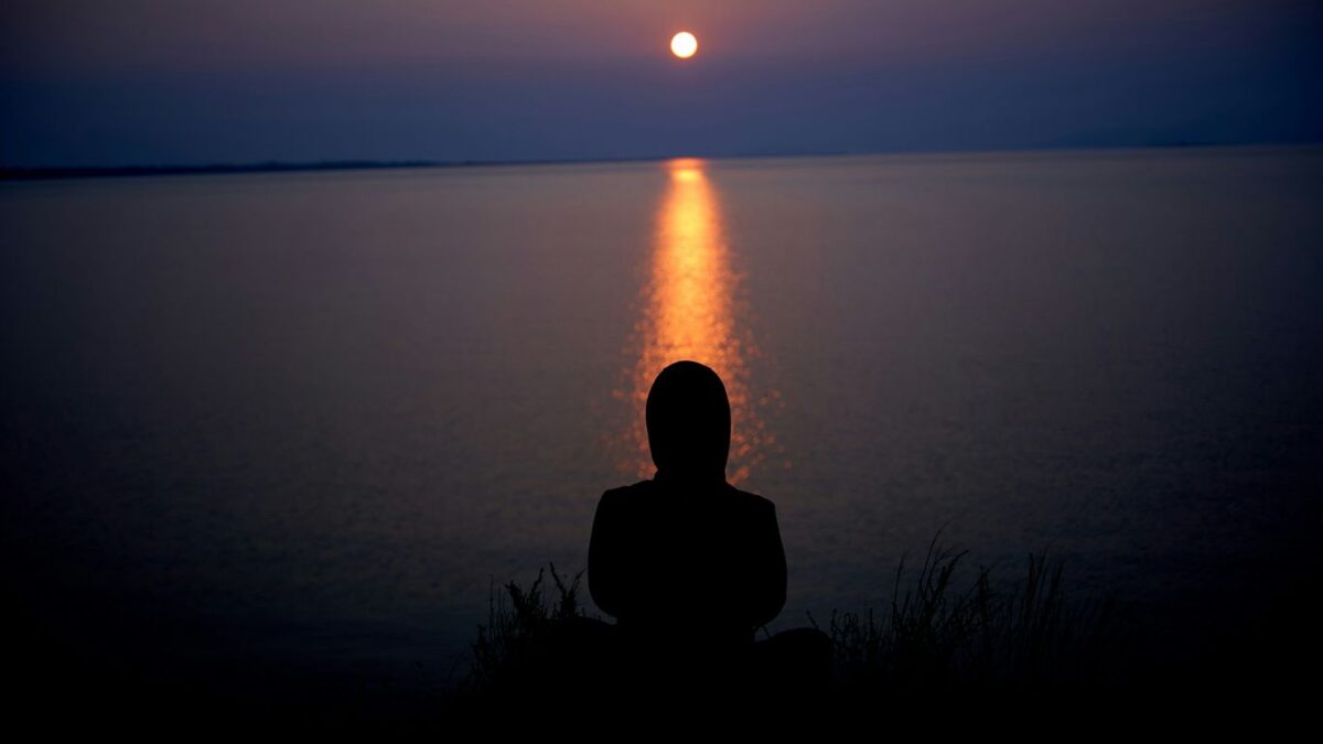 silhouette of person sitting on grass during sunset