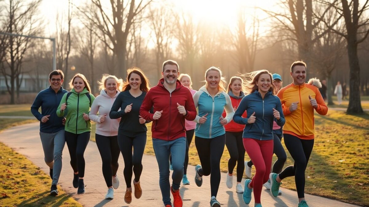 Menschen joggen im Winterpark bei Sonnenaufgang.
