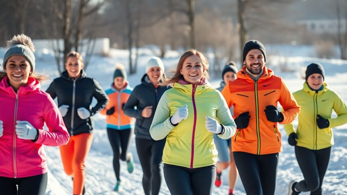 Gruppe joggt im Winter, motiviert für Neujahrsvorsätze
