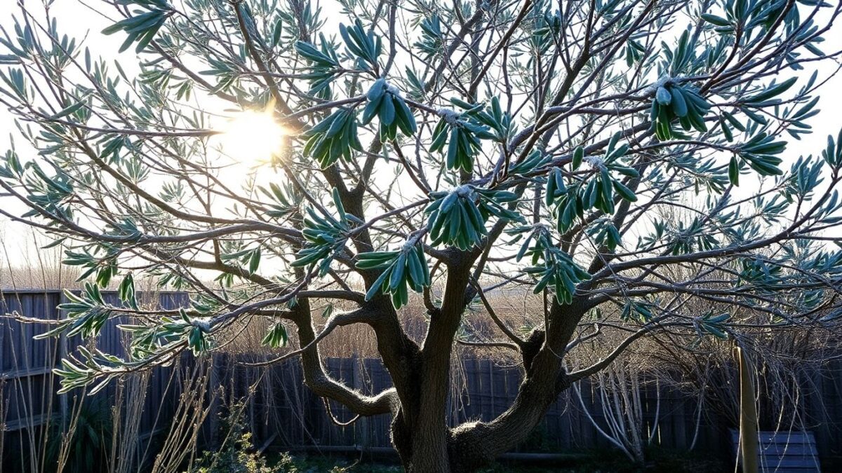 Olivenbaum im Winter mit Frost bedeckt