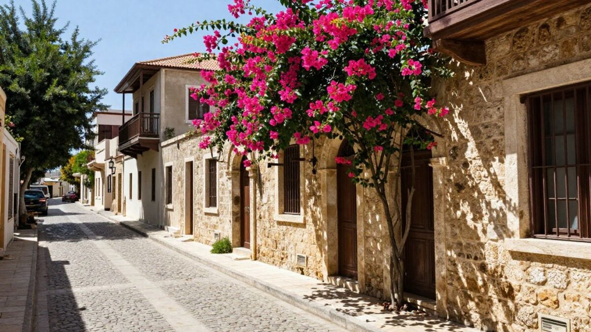 Malerische Gasse in der Altstadt von Paphos mit Blumen und Steingebäuden.