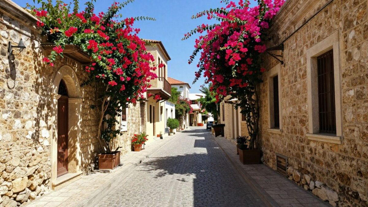 Kopfsteinpflastergasse in Paphos Altstadt mit blühenden Bougainvillea.