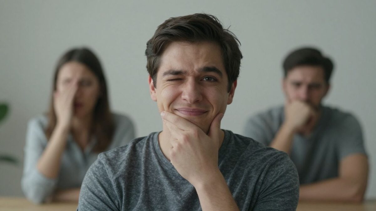 Verärgerte Person mit aufgesetztem Lächeln und verdrehten Augen.