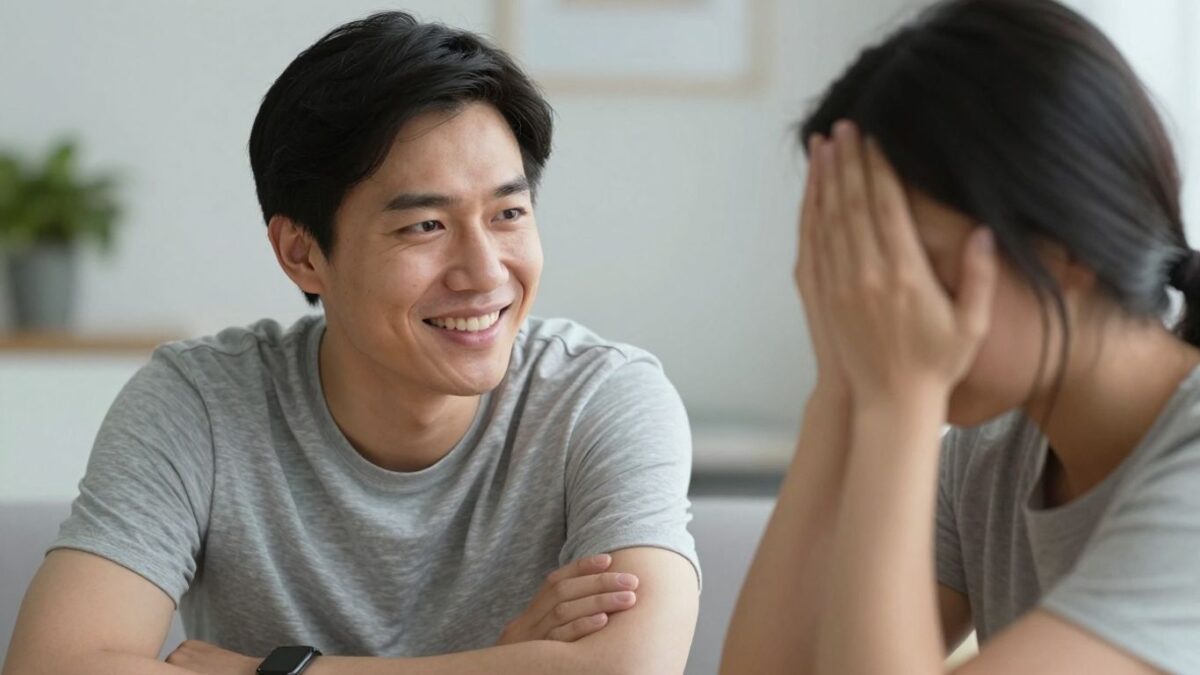 Person mit verschränkten Armen und gezwungenem Lächeln.