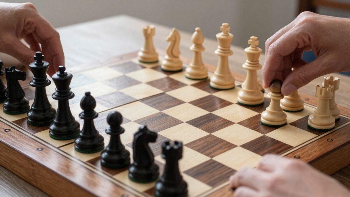 Schachbrett mit Rochade-Szene und Figuren in Nahaufnahme