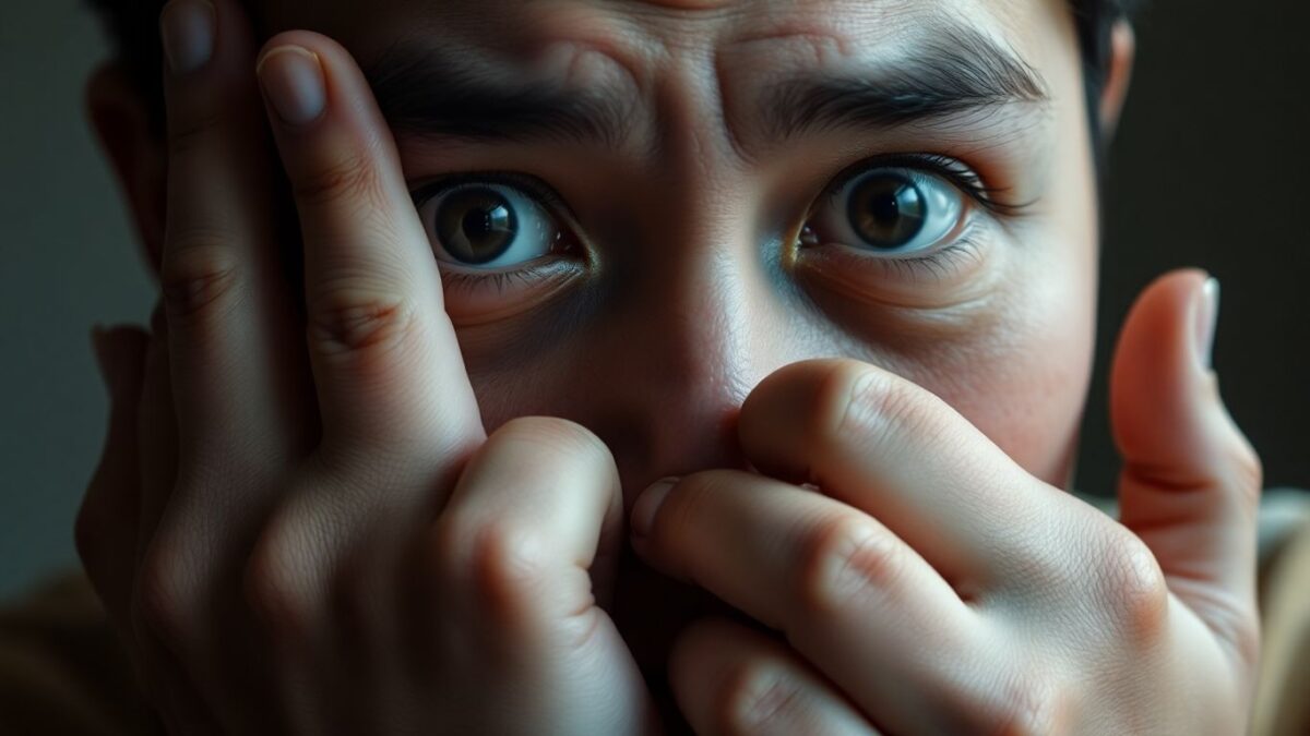 Gesicht einer Person, die schweigt und innere Anspannung zeigt.