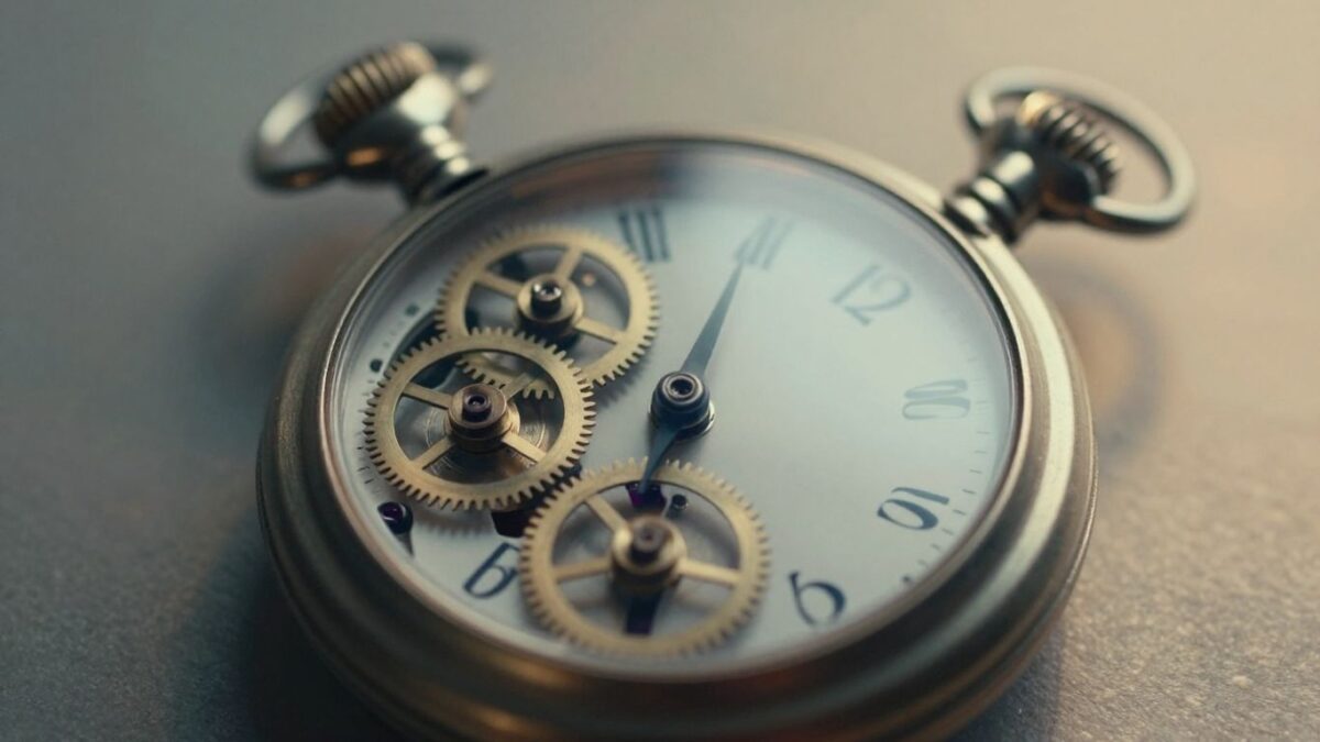 Uhrwerk stoppt und startet neu, mystische Aura.