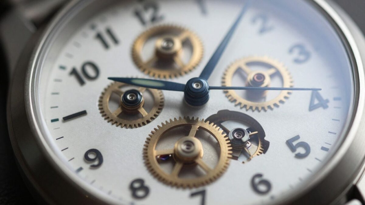 Uhr mit stehen gebliebenen Zeigern, Nahaufnahme.