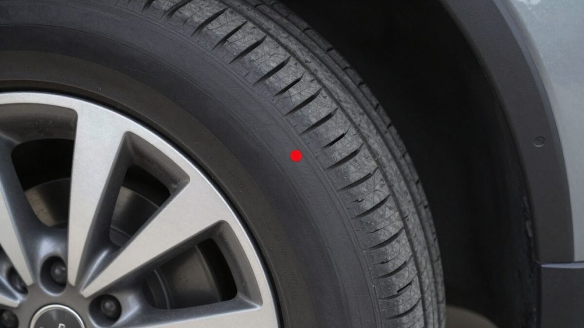 Autoreifen mit rotem Punkt auf der Seitenwand, Nahaufnahme.