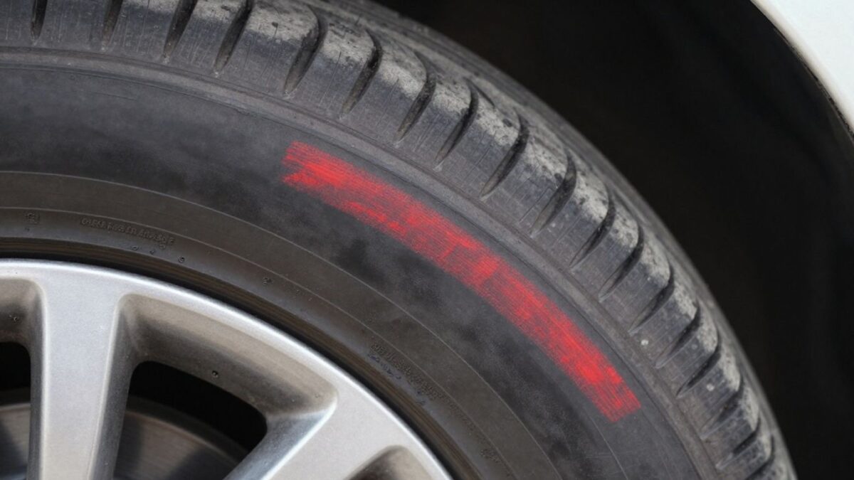 Rotes Symbol auf einem Autoreifen Nahaufnahme