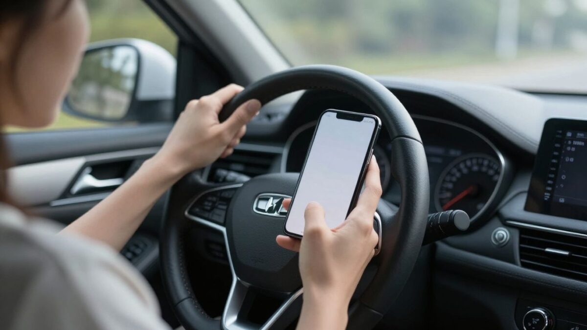 Fahrer schaut auf Smartphone statt auf die Straße