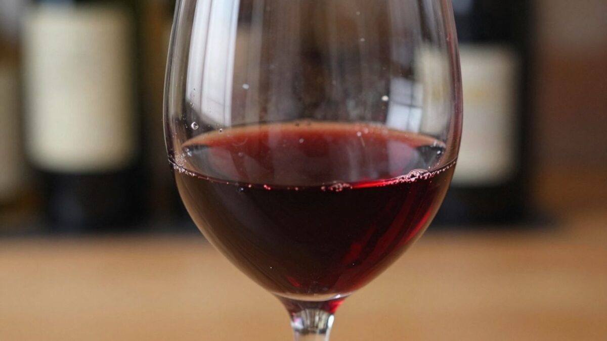 Glas mit Rotwein und Sonnenlicht