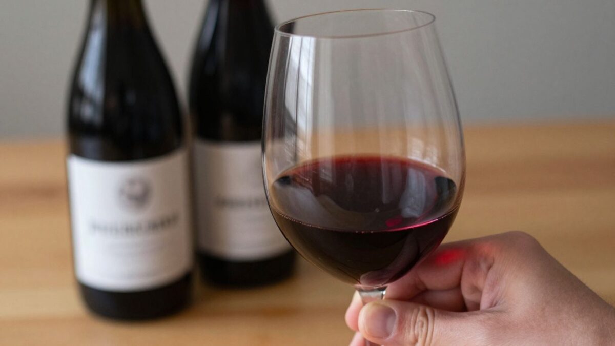 Glas Rotwein in Hand, Weinflaschen im Hintergrund