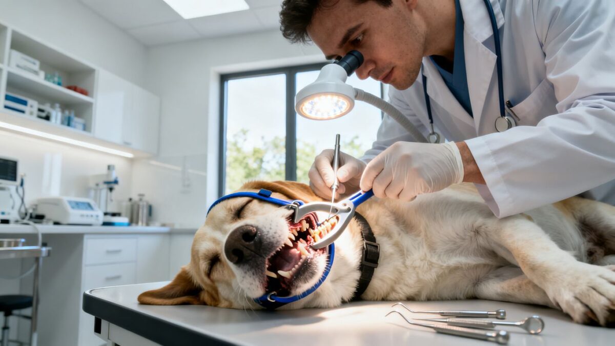 Hund bei der regelmäßigen Zahnkontrolle beim Tierarzt