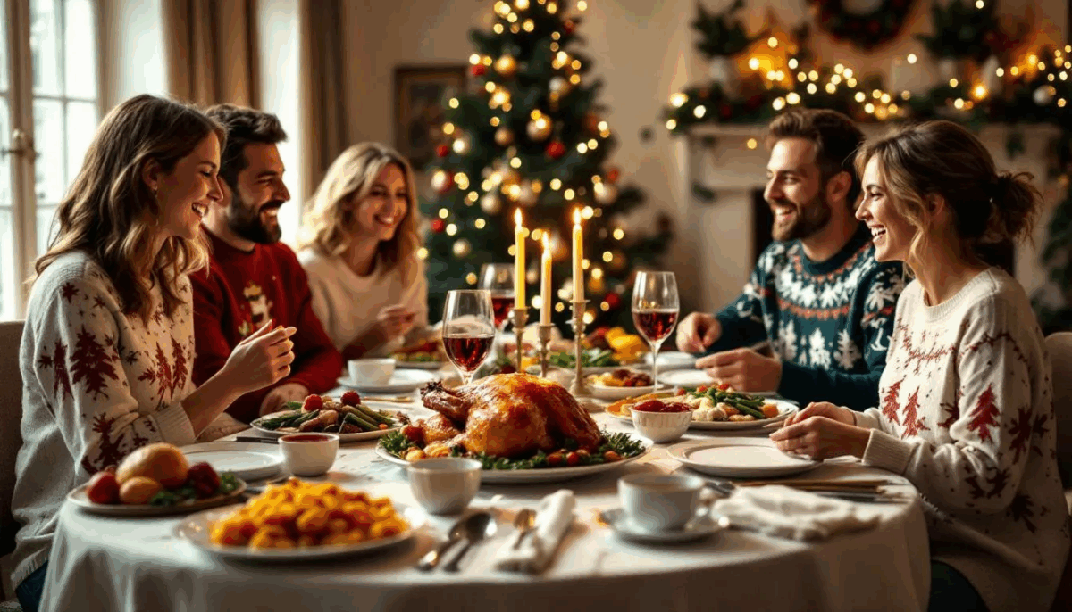 Eine Familie sitzt gemeinsam an einem festlich gedeckten Tisch und genießt ein Weihnachtsessen, umgeben von festlicher Dekoration und Kerzenlicht. Diese Szene spiegelt die Traditionen der Feiertage in Österreich wider, während sie die besinnliche Atmosphäre der heiligen drei Könige feiern.