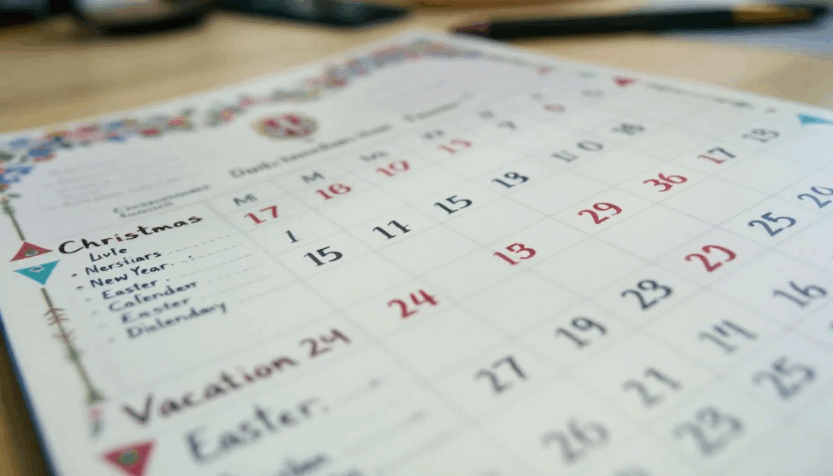 Das Bild zeigt einen österreichischen Kalender für das Jahr 2026, in dem die gesetzlichen Feiertage wie Neujahr, Christi Himmelfahrt und den Nationalfeiertag markiert sind. Zusätzlich sind Urlaubsplanungsnotizen und wichtige Daten für die Schulferien in den verschiedenen Bundesländern vermerkt.