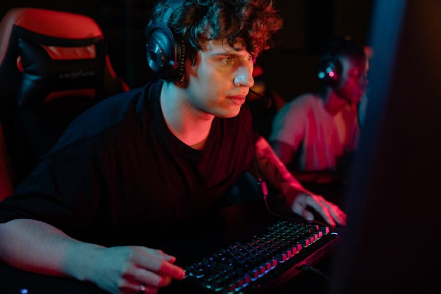 A dedicated gamer immersed in a gaming session with colorful lighting and headphones.