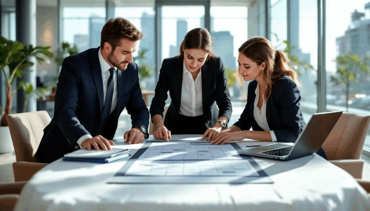 Auf dem Bild sind mehrere Geschäftsleute zu sehen, die an einem Konferenztisch sitzen und gemeinsam ihren Urlaub planen. Vor ihnen liegt ein Kalender, auf dem sie die gesetzlichen Feiertage in Österreich, wie Neujahr und Christi Himmelfahrt, sowie mögliche Urlaubszeiträume markieren.