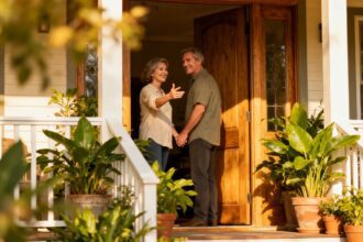Paar steht glücklich vor seinem Haus