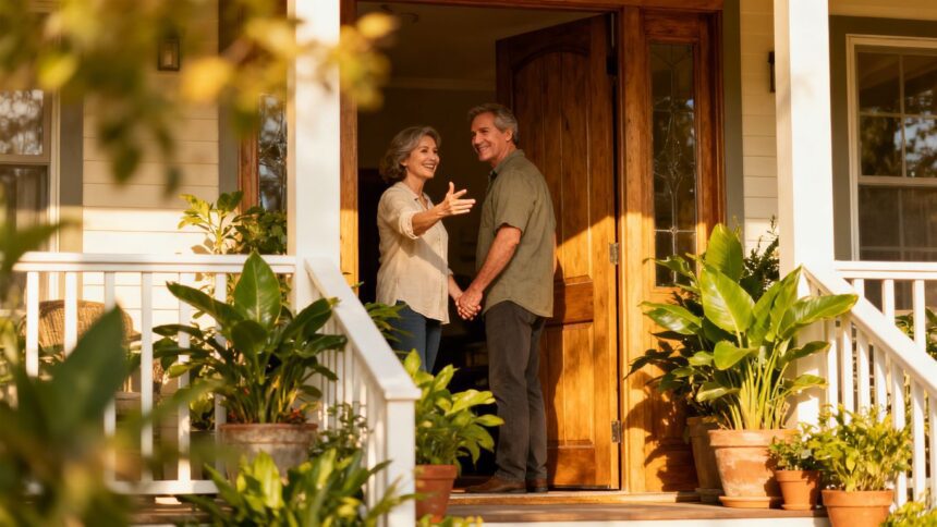 Paar steht glücklich vor seinem Haus