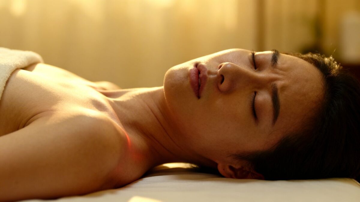 Person auf Massageliege mit nachdenklichem Gesichtsausdruck.