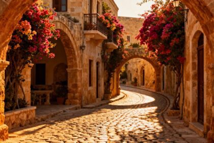 Malerische Gasse in der Altstadt von Paphos mit Blumen.