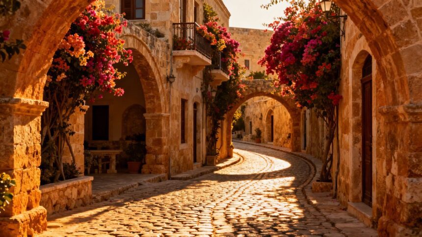 Malerische Gasse in der Altstadt von Paphos mit Blumen.