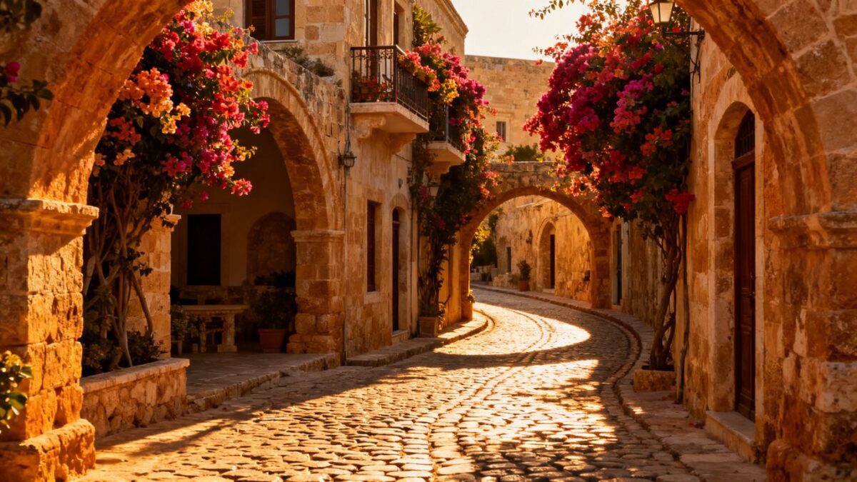Malerische Gasse in der Altstadt von Paphos mit Blumen.