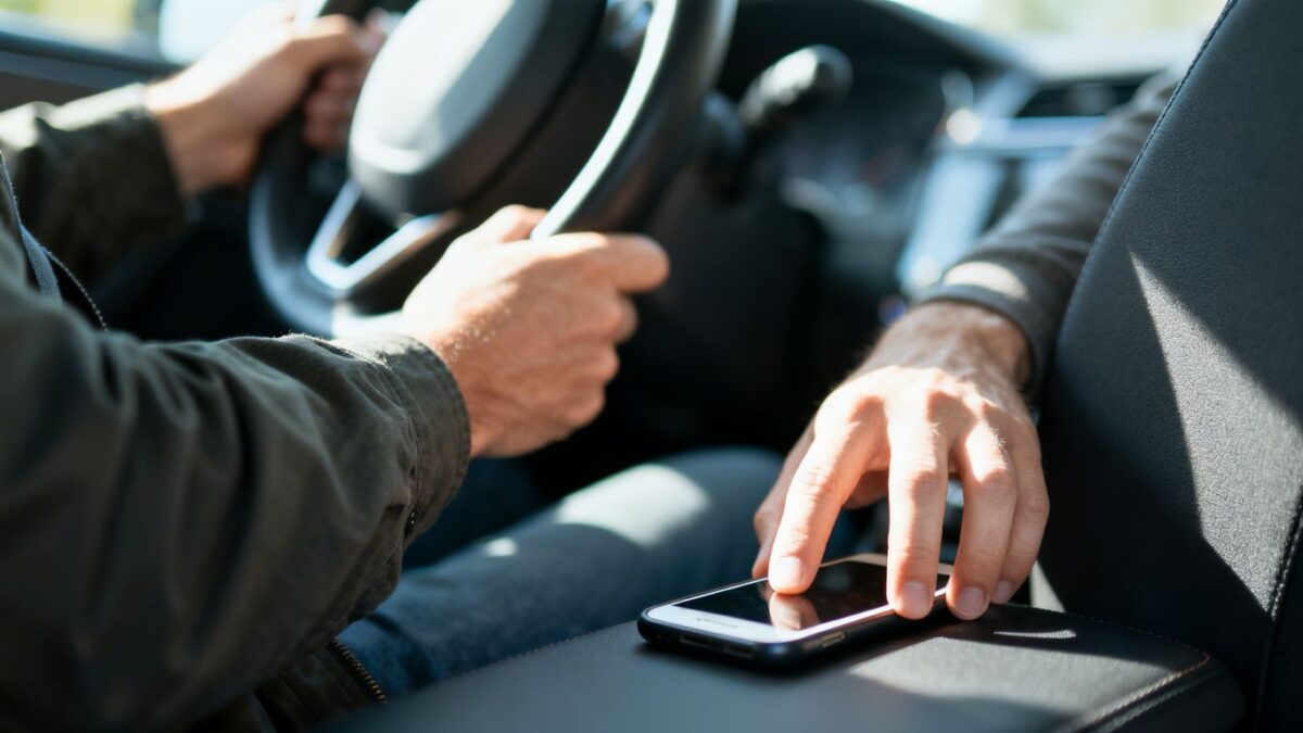 Fahrerin greift nach Smartphone während der Fahrt