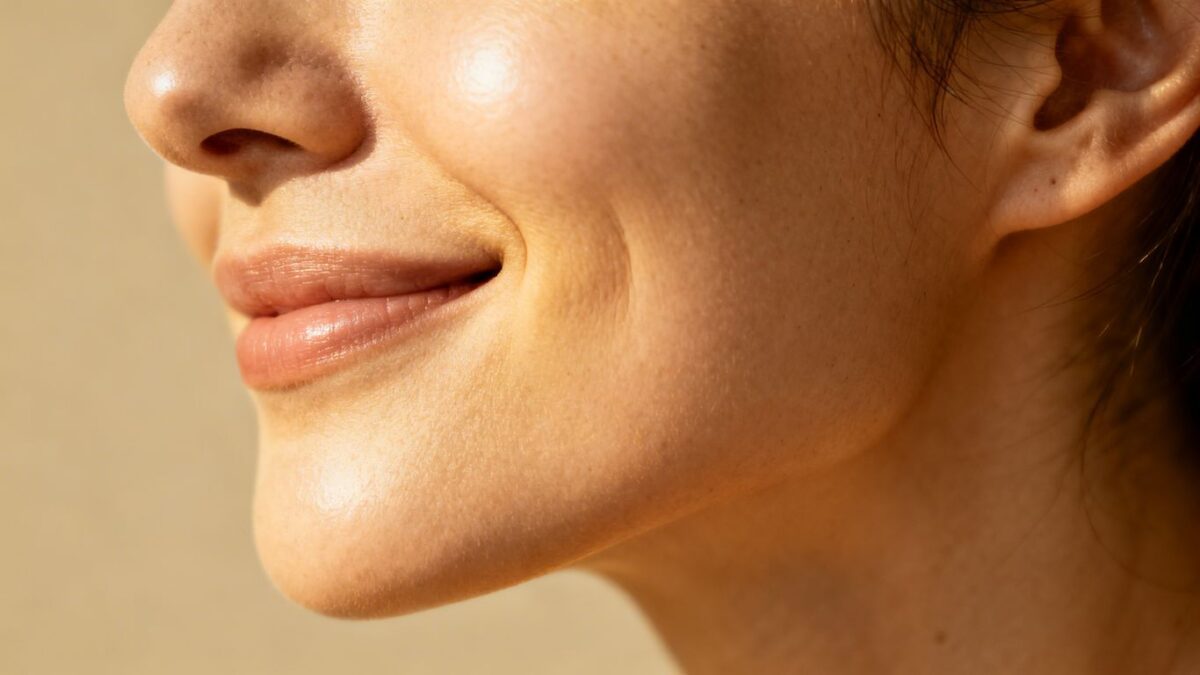 Entspannte Kieferpartie mit ruhigem Gesichtsausdruck.