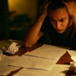 Verwirrte Person sitzt am Tisch, umgeben von Papieren.